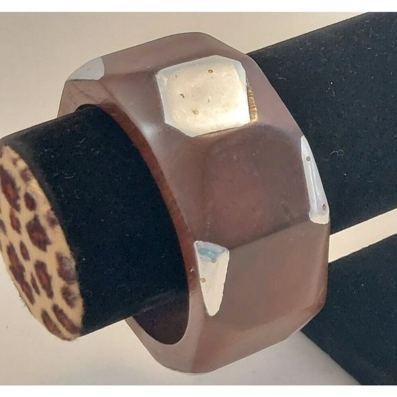 Vtg  Statement Artisan Studio Modernist Wood Metal Bangle bracelet chunky 1.5" - Picture 2 of 8